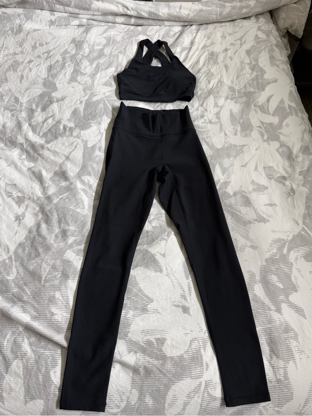Salt Project Ribbed Energy Leggings with Cross-Back Sports Bra Set, Black
